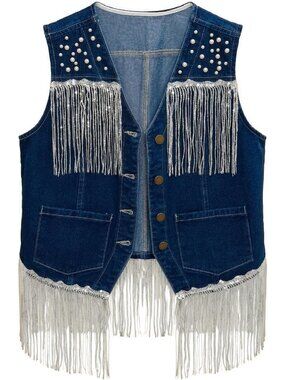 Women's Dark Blue Denim Fringe Top Western Cowgirl Pearl Cropped Jean Vest